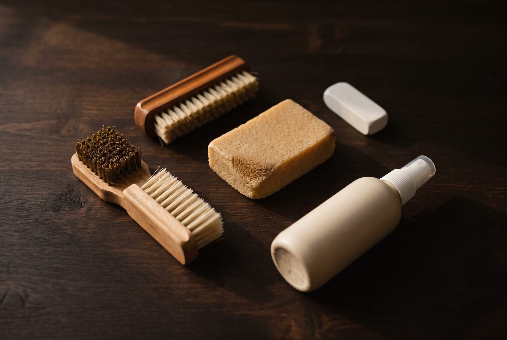 Flatlay on dark wood of a suede care kit: a brass wire brush, a softer nylon brush, a natural crepe rubber block, a white eraser and an unlabelled spray bottle