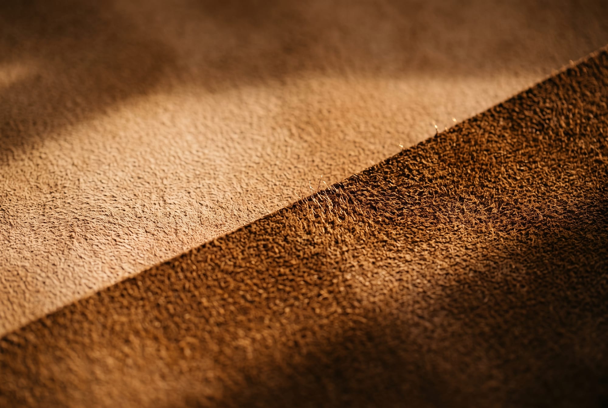 Macro shot of a tan suede panel brushed in two directions, forming a light band and a dark band that meet in a crisp line, showing that the colour difference is nap direction rather than staining