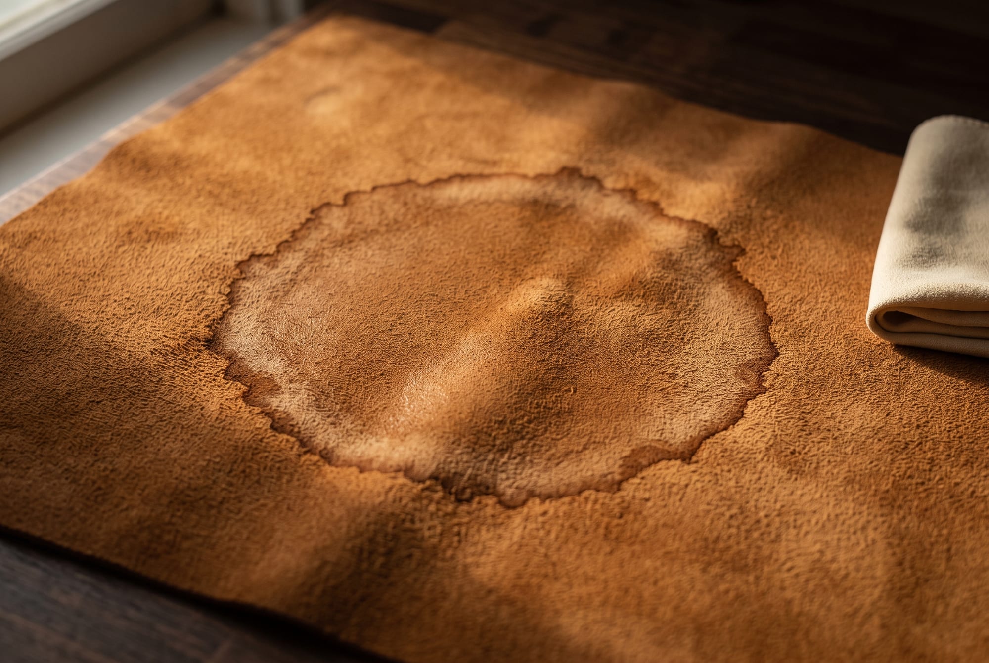A dried water ring on a tan suede panel, its dark tide line clearly visible at the edge of where the wet patch had been, with a barely damp cloth resting beside it