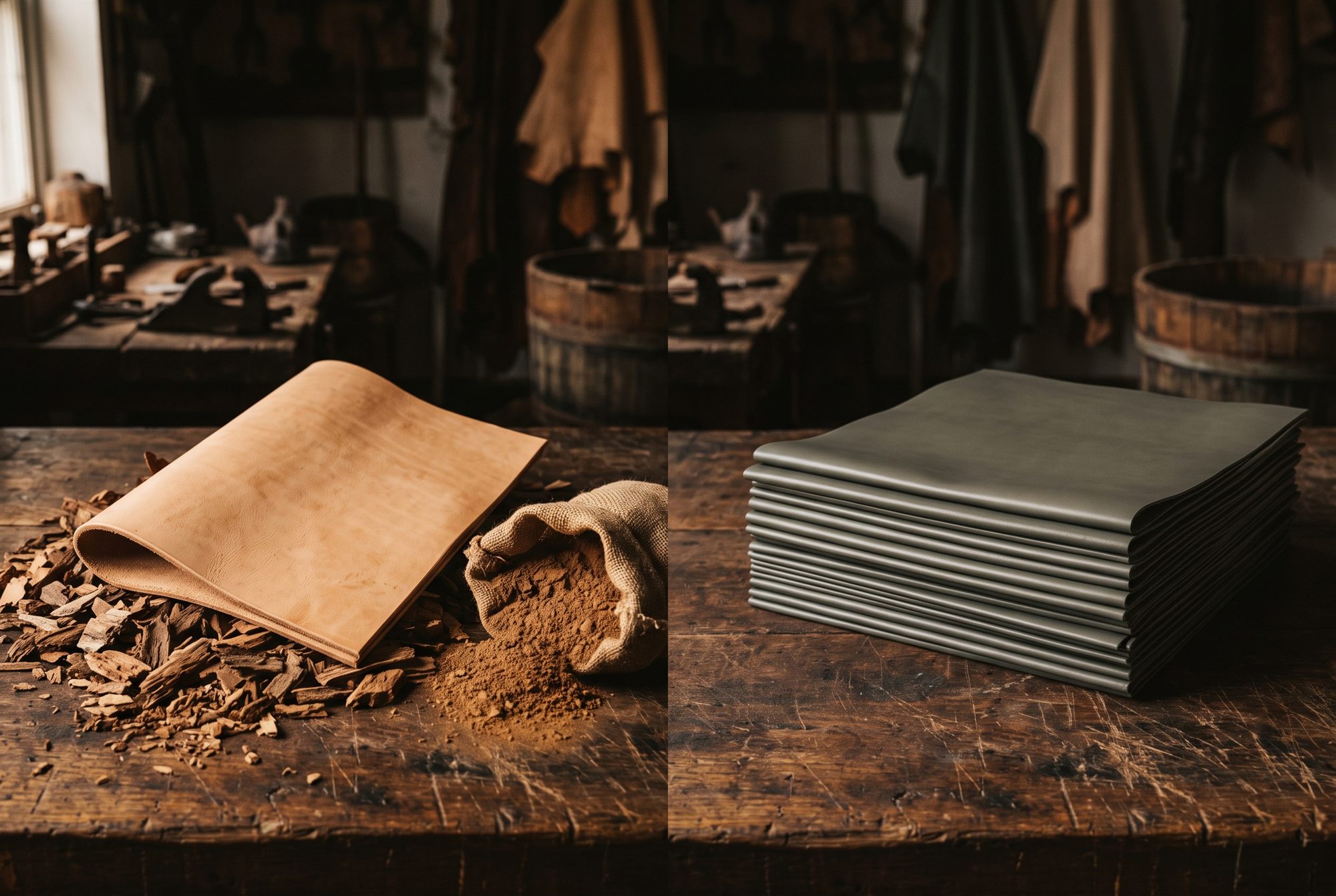 Naturally tanned leather hides beside uniformly coloured chrome-tanned leather rolls