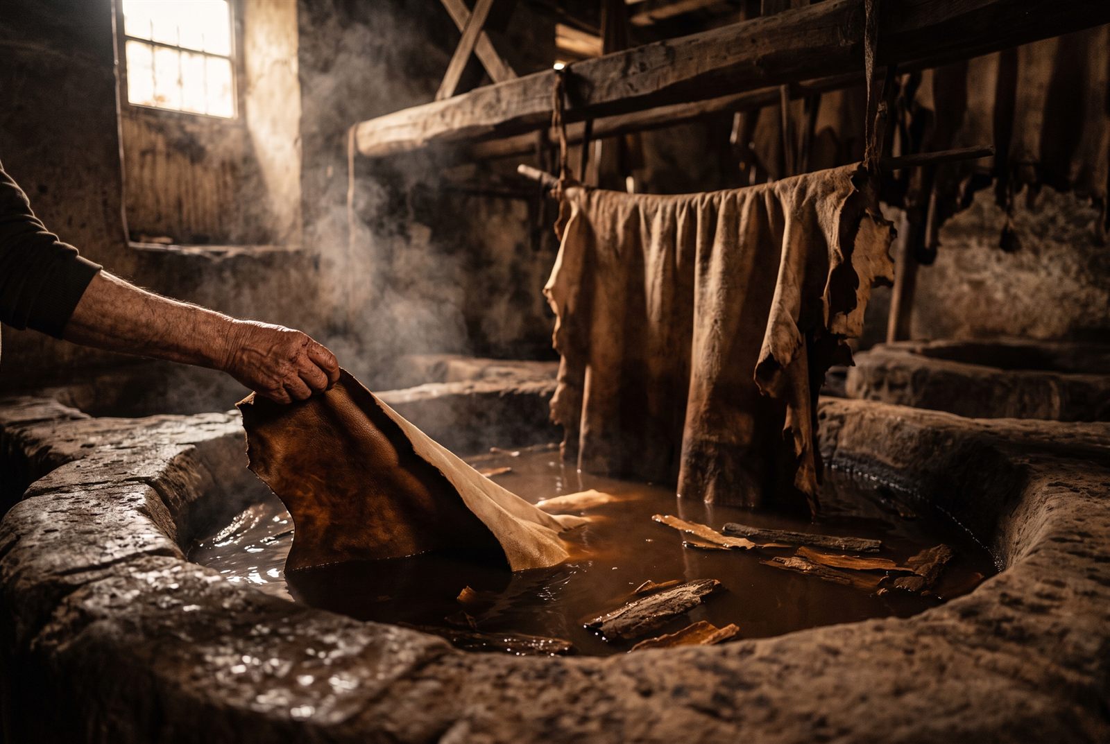 A hand lifting a hide from a stone tanning pit filled with dark bark-tannin liquor, oak bark floating on the surface