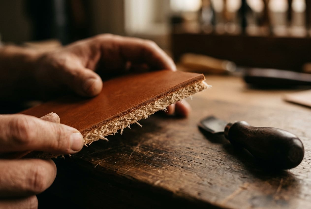 A fan of vegetable-tanned leather offcuts of increasing thickness laid edge-on across a scarred workbench, from a paper-thin lining swatch to a four-millimetre belt strip, with a steel thickness gauge resting beside them in warm afternoon light