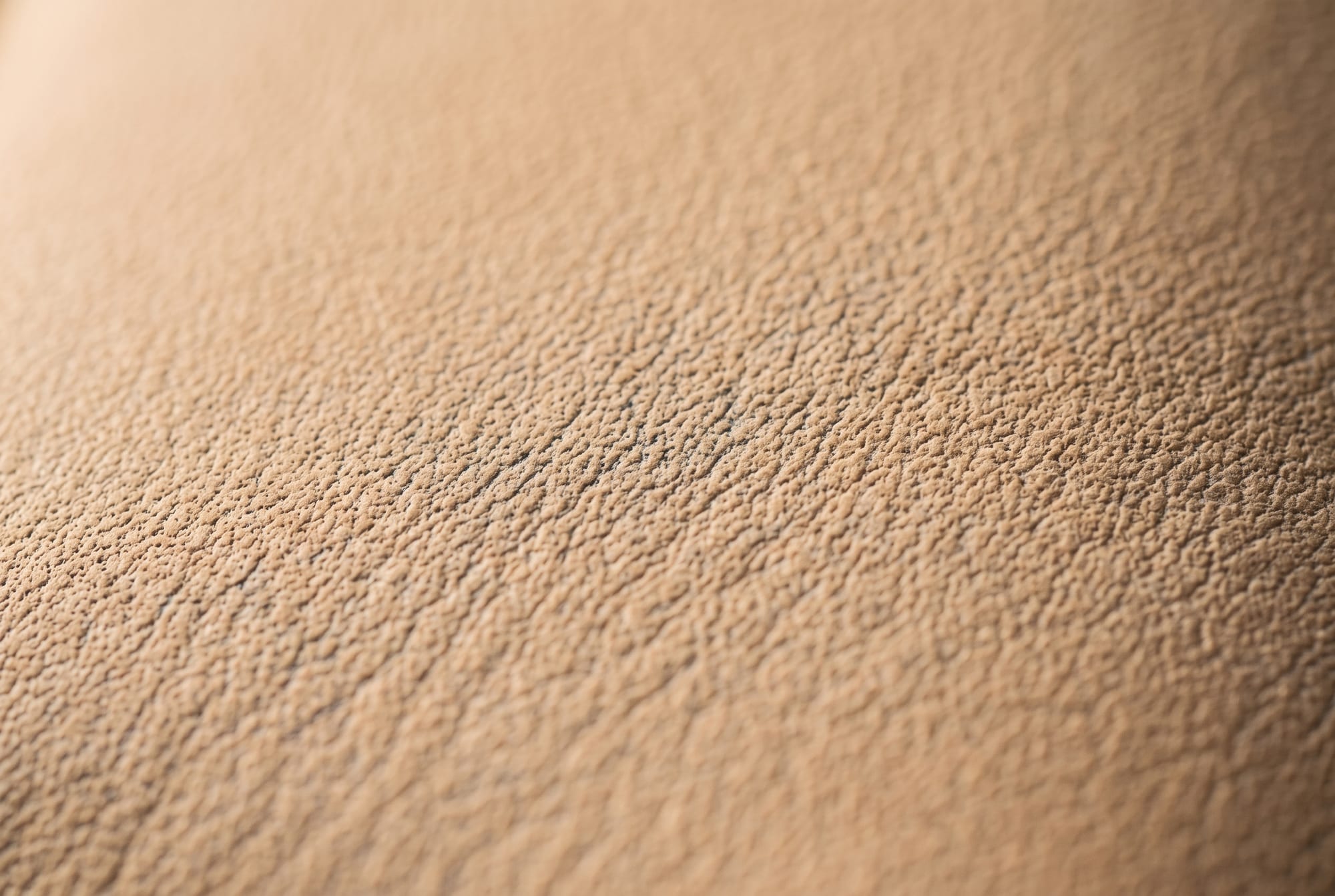 Extreme macro of pale natural vegetable-tanned leather under raking light, a faint cool blue-grey tint visible sitting within the open grain pores rather than on the surface