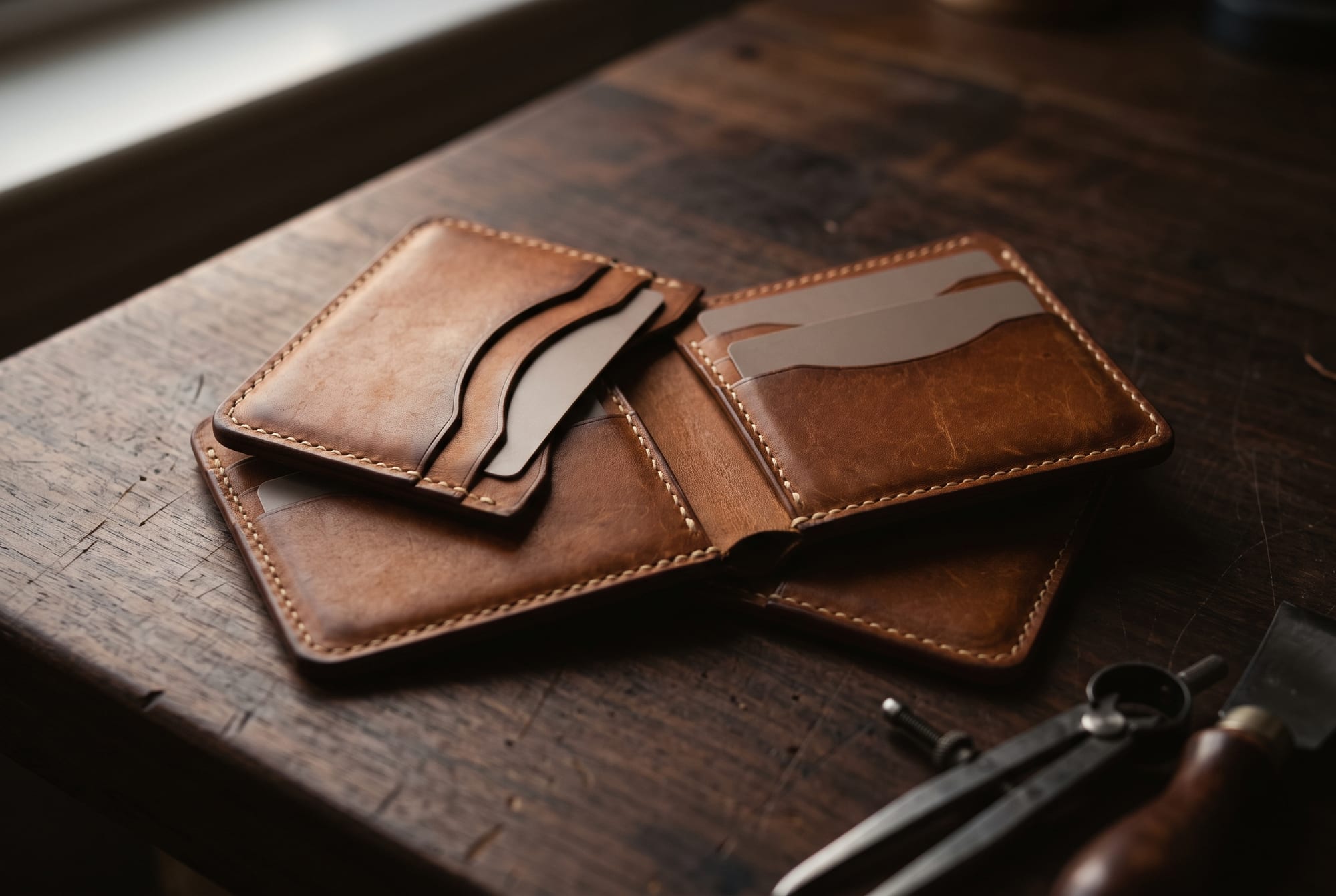 A cognac full-grain leather bifold wallet lying open on a dark workbench in low window light, four hand-stitched card slots visible, one slot standing slightly open where a card has been taken out