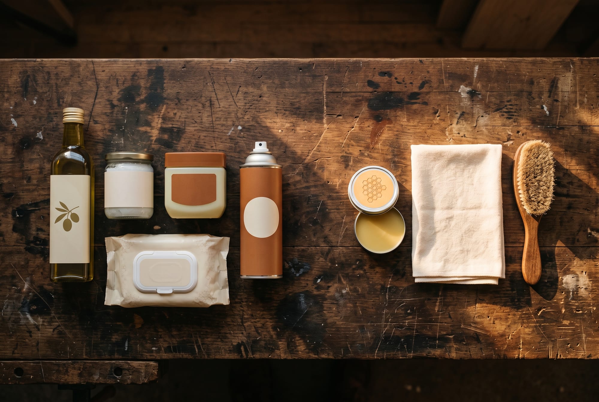 A bottle of olive oil, a jar of coconut oil, a tin of petroleum jelly and a packet of baby wipes lined up on a workbench beside a cognac leather panel with a dark greasy blotch