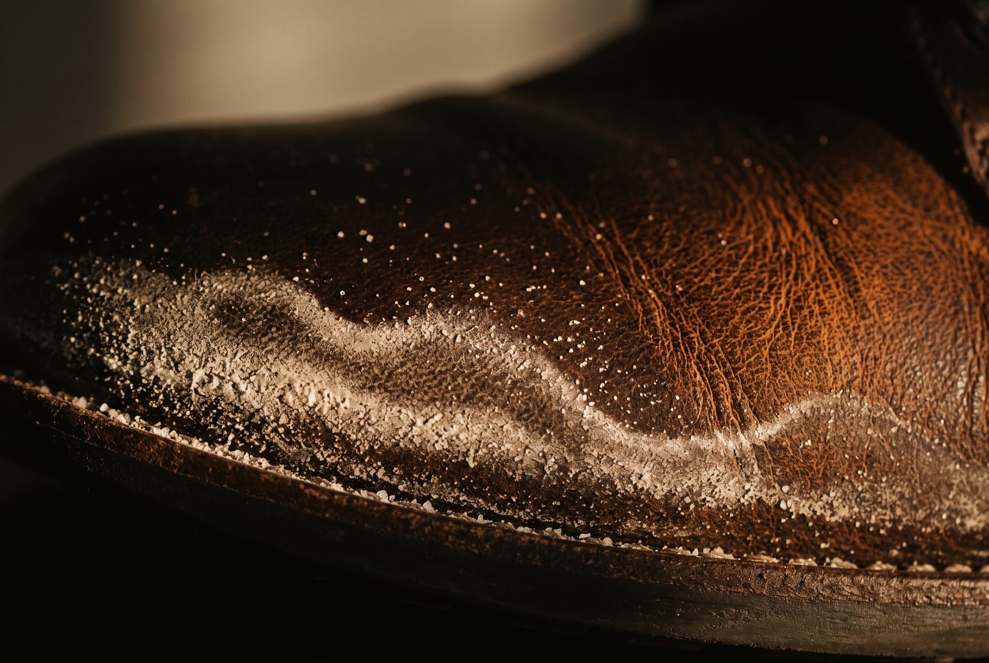 Close macro of a pale chalky salt tidemark drying across the lower edge of a dark brown leather boot, the crystals catching the light against the grain